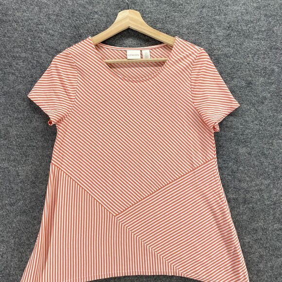 Chico's T-Shirt Women 0 Red Striped Short Sleeve Round Neck Rayon Casual Comfort - Picture 3 of 9